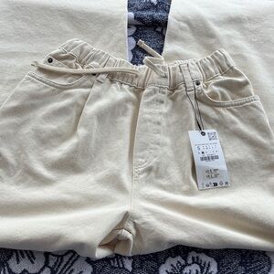 Zara Women’s Cream Wide leg Jeans Drawstring Casual